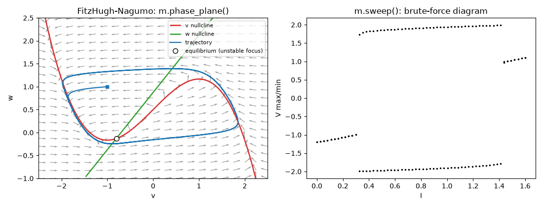 m.phase_plane() and m.sweep() on the FitzHugh-Nagumo model